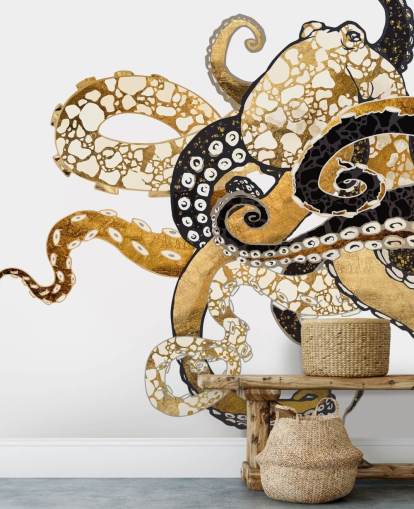 carta da parati murale con polpo astratto nero e oro chiamato Glam Octopus di SpaceFrog Designs per salotti e bagni