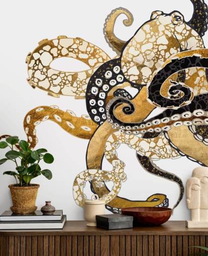 svart og gull abstrakt blekksprut tapetmaleri kalt Glam Octopus av SpaceFrog Design for stuer og bad svart og gull abstrakt blekksprut tapetmaleri kalt Glam Octopus av SpaceFrog Design for stuer og bad