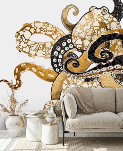 musta ja kultainen abstrakti mustekalan taustakuvamaalaus nimeltä Glam Octopus by SpaceFrog Designs olohuoneisiin ja kylpyhuoneisiin