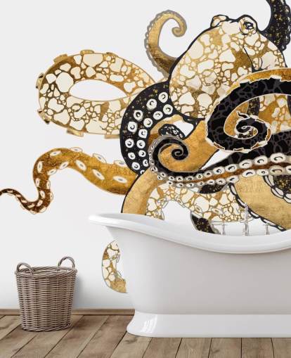 svart og gull abstrakt blekksprut tapetmaleri kalt Glam Octopus av SpaceFrog Design for stuer og bad