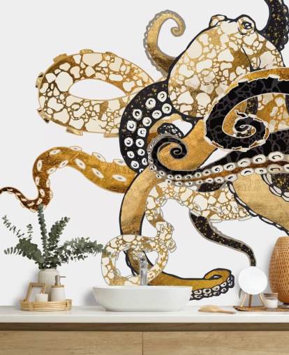 carta da parati murale con polpo astratto nero e oro chiamato Glam Octopus di SpaceFrog Designs per salotti e bagni