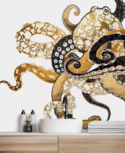 mural de papel pintado abstracto de pulpos negro y dorado llamado Glam Octopus de SpaceFrog Designs para salas de estar y baños