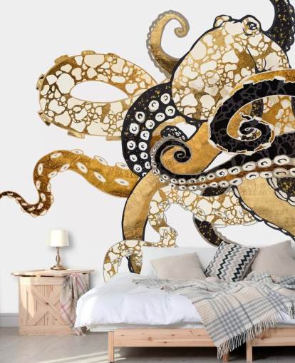 black and gold abstract octopus wallpaper mural called Glam Octopus by SpaceFrog Designs for living rooms and bathrooms