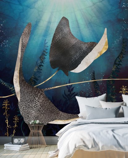 stingray marine og gull farge tapet