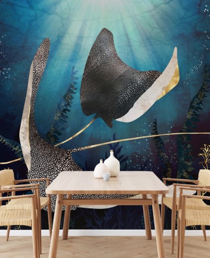 stingray marine blauw en goudkleurig behang stingray marine blauw en goudkleurig behang