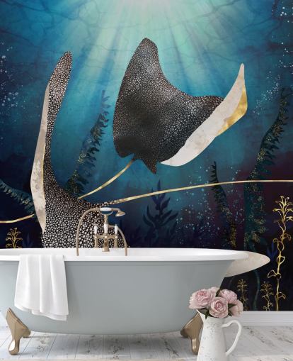 stingray marine blauw en goudkleurig behang stingray marine blauw en goudkleurig behang