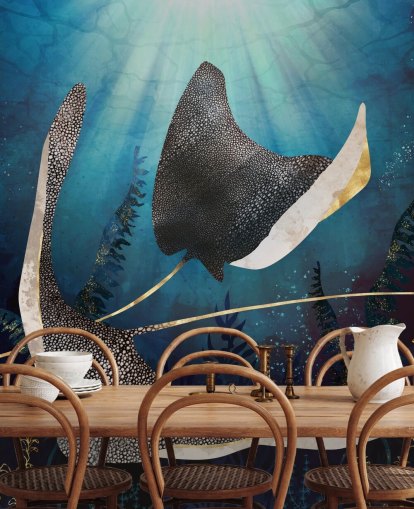 stingray marinblå och guldfärg tapeter