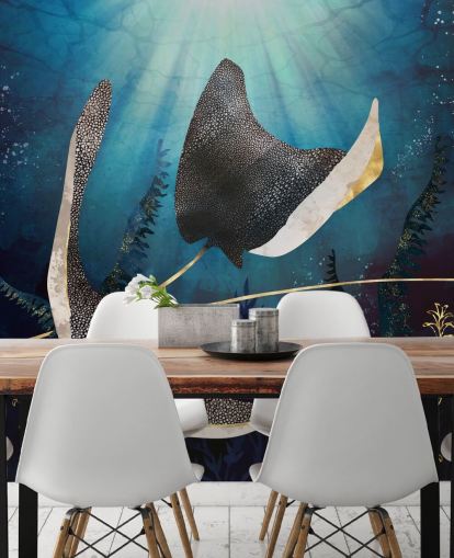 stingray marine blauw en goudkleurig behang