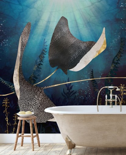 stingray marine blauw en goudkleurig behang