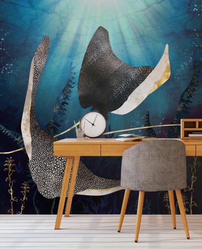 stingray marine blauw en goudkleurig behang