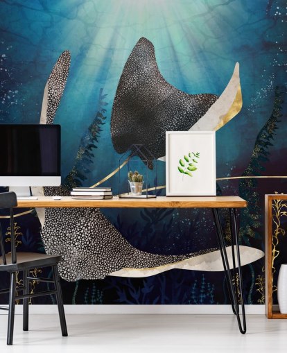 stingray marinblå och guldfärg tapeter
