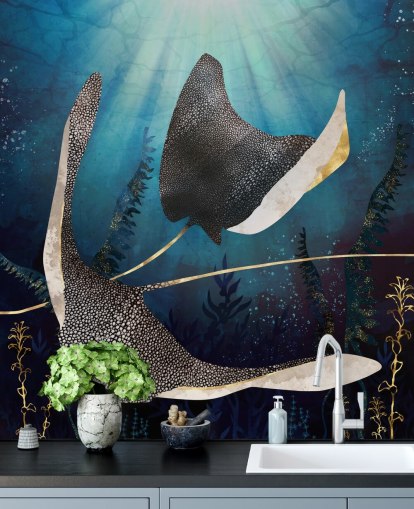 stingray navy and gold colour wallpaper