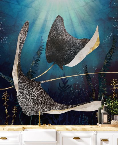 stingray marinblå och guldfärg tapeter