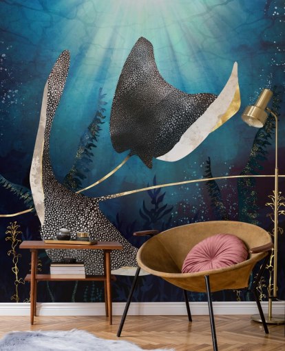 stingray marinblå och guldfärg tapeter