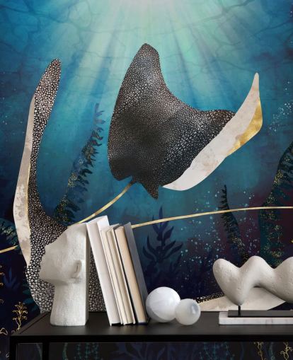 papel de parede stingray navy e gold color