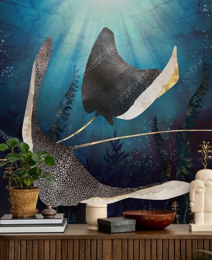 papel de parede stingray navy e gold color