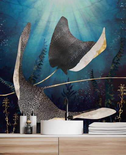 stingray marine blauw en goudkleurig behang stingray marine blauw en goudkleurig behang