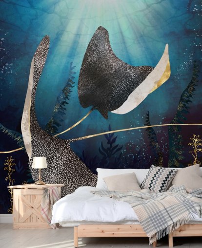 stingray marine og gull farge tapet