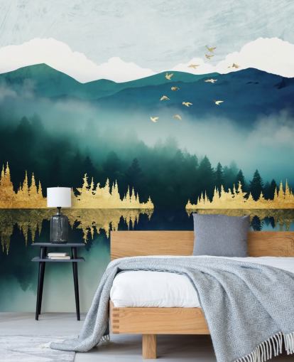 carta da parati murale astratta verde acqua, blu marino e oro chiamata Mist Reflection di SpaceFrog Designs