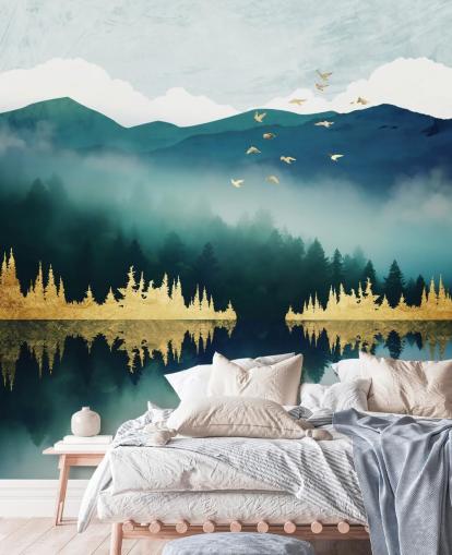 mural de papel pintado abstracto de lagos y montañas en verde azulado, azul marino y dorado llamado Mist Reflection de SpaceFrog Designs