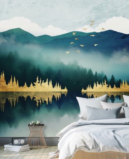 blågrön, marinblå och guld abstrakt sjö och berg tapetväggmålning som heter Mist Reflection av SpaceFrog Designs