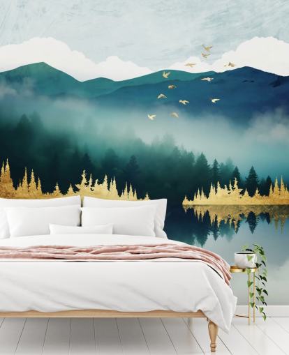 blågrön, marinblå och guld abstrakt sjö och berg tapetväggmålning som heter Mist Reflection av SpaceFrog Designs blågrön, marinblå och guld abstrakt sjö och berg tapetväggmålning som heter Mist Reflection av SpaceFrog Designs