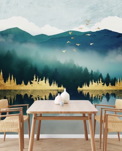 blågrønn, marineblå og gull abstrakt innsjø- og fjelltapet veggmaleri kalt Mist Reflection av SpaceFrog Designs blågrønn, marineblå og gull abstrakt innsjø- og fjelltapet veggmaleri kalt Mist Reflection av SpaceFrog Designs