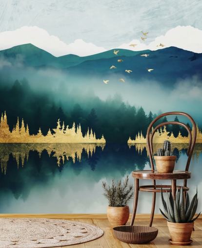 mural abstrato de papel de parede de lago e montanha em azul-marinho, azul marinho e dourado chamado Mist Reflection da SpaceFrog Designs