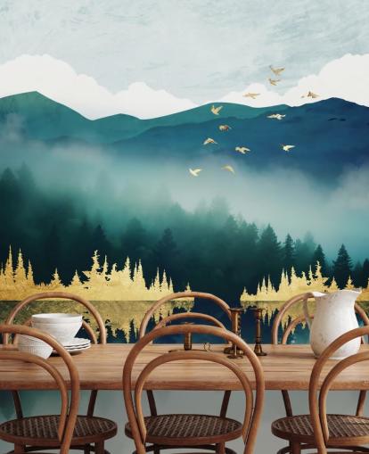 blauwgroen, marineblauw en gouden abstracte meer- en bergmuurschildering genaamd Mist Reflection van SpaceFrog Designs