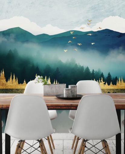 carta da parati murale astratta verde acqua, blu marino e oro chiamata Mist Reflection di SpaceFrog Designs