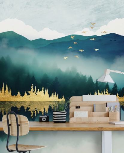 papier peint mural abstrait de lac et de montagne bleu sarcelle, bleu marine et or appelé Mist Reflection par SpaceFrog Designs