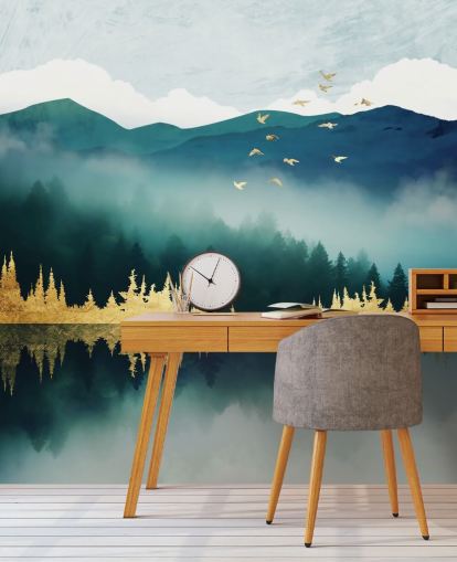 blågrøn, marineblå og guld abstrakt sø- og bjergtapetmaleri kaldet Mist Reflection af SpaceFrog Designs