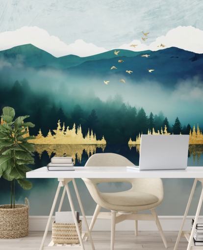 teal, navy and gold abstract lake and mountain wallpaper mural called Mist Reflection by SpaceFrog Designs