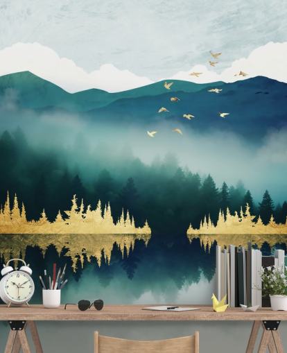 mural de papel pintado abstracto de lagos y montañas en verde azulado, azul marino y dorado llamado Mist Reflection de SpaceFrog Designs