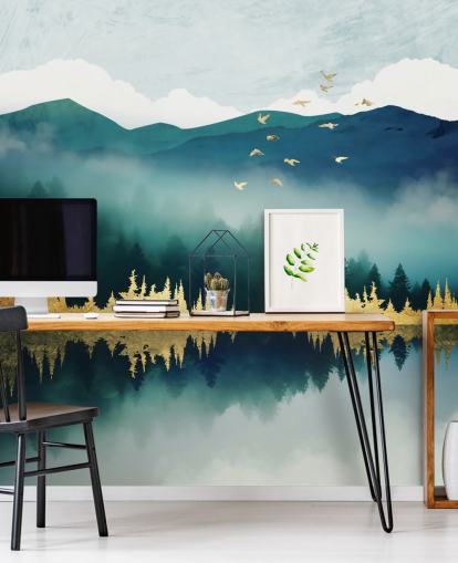 teal, navy and gold abstract lake and mountain wallpaper mural called Mist Reflection by SpaceFrog Designs