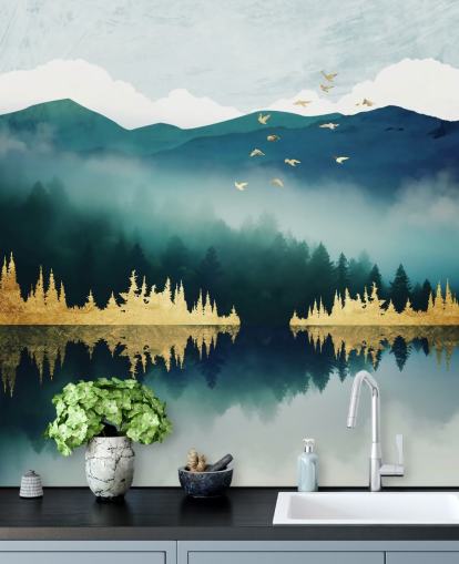 mural de papel pintado abstracto de lagos y montañas en verde azulado, azul marino y dorado llamado Mist Reflection de SpaceFrog Designs