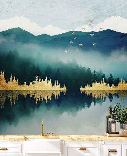 carta da parati murale astratta verde acqua, blu marino e oro chiamata Mist Reflection di SpaceFrog Designs