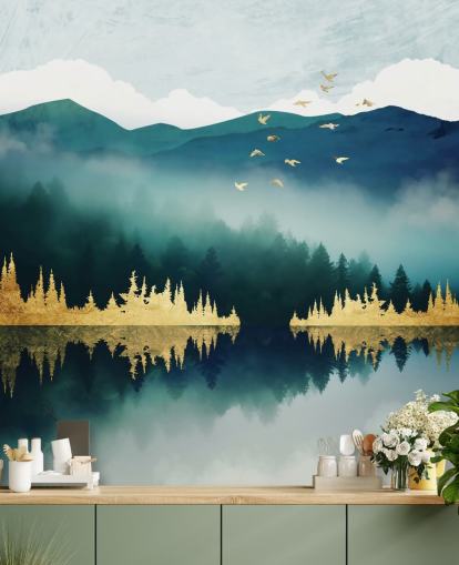 teal, navy and gold abstract lake and mountain wallpaper mural called Mist Reflection by SpaceFrog Designs