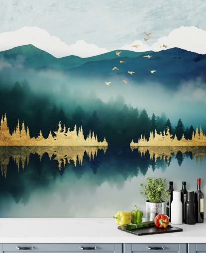 papier peint mural abstrait de lac et de montagne bleu sarcelle, bleu marine et or appelé Mist Reflection par SpaceFrog Designs