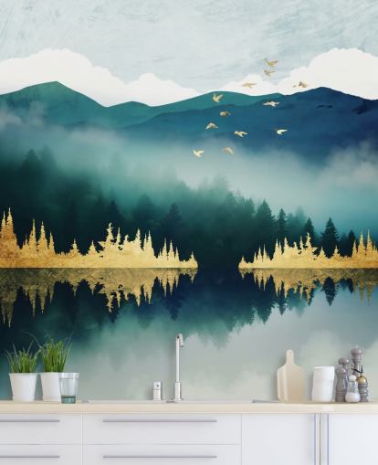 teal, navy and gold abstract lake and mountain wallpaper mural called Mist Reflection by SpaceFrog Designs