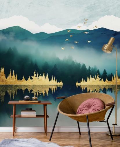 blågrønn, marineblå og gull abstrakt innsjø- og fjelltapet veggmaleri kalt Mist Reflection av SpaceFrog Designs