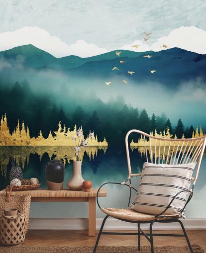 carta da parati murale astratta verde acqua, blu marino e oro chiamata Mist Reflection di SpaceFrog Designs