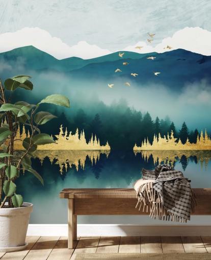 mural de papel pintado abstracto de lagos y montañas en verde azulado, azul marino y dorado llamado Mist Reflection de SpaceFrog Designs