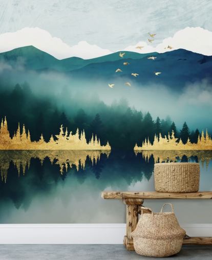 teal, navy and gold abstract lake and mountain wallpaper mural called Mist Reflection by SpaceFrog Designs
