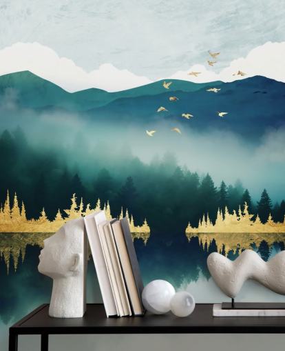abstrakte See- und Bergtapete in Blaugrün, Marineblau und Gold namens Mist Reflection von SpaceFrog Designs