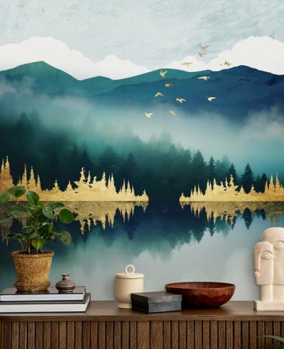 blågrön, marinblå och guld abstrakt sjö och berg tapetväggmålning som heter Mist Reflection av SpaceFrog Designs