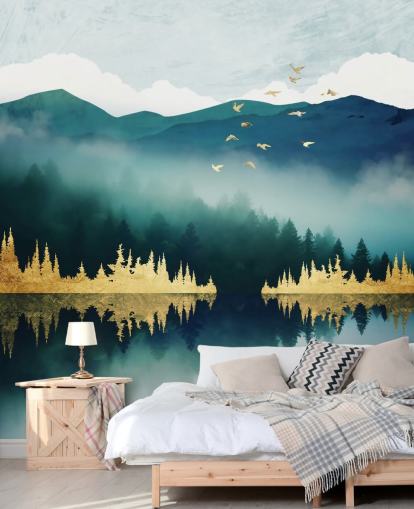 mural de papel pintado abstracto de lagos y montañas en verde azulado, azul marino y dorado llamado Mist Reflection de SpaceFrog Designs