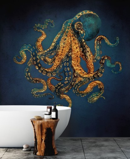 navy and gold customisable octopus wallpaper mural called Underwater Dream IV by SpaceFrog Designs for bathrooms
