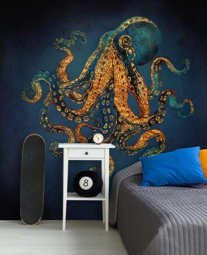 Wandbild Underwater Dream IV von SpaceFrog Designs für Badezimmer, personalisierbar mit Oktopus-Tapete in Marineblau und Gold