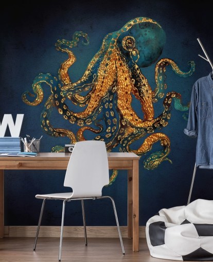 mural de papel pintado de pulpos personalizable en azul marino y dorado llamado Underwater Dream IV de SpaceFrog Designs para baños